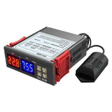 220V Stc-3028 Temperature Humidity Control Thermometer - a black rectangular unit with a red-lit 22.8°C display, blue-lit 75.5%RH display, and sensor.