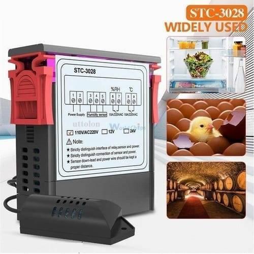 220V Stc-3028 Temperature Humidity Control Thermometer - a black rectangular unit with a wiring diagram label and an attached black sensor probe.