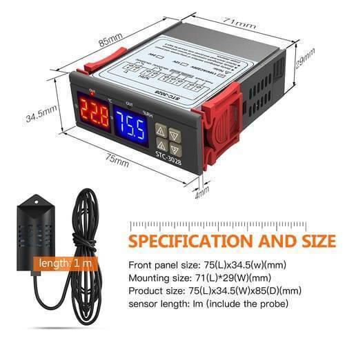 220V Stc-3028 Temperature Humidity Control Thermometer - dimensions, a digital display reading 22.8 and 75.5, control buttons, and a wired sensor.