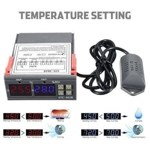 220V Stc-3028 Temperature Humidity Control Thermometer - the grey controller unit with digital displays, four buttons, and a wired sensor probe.
