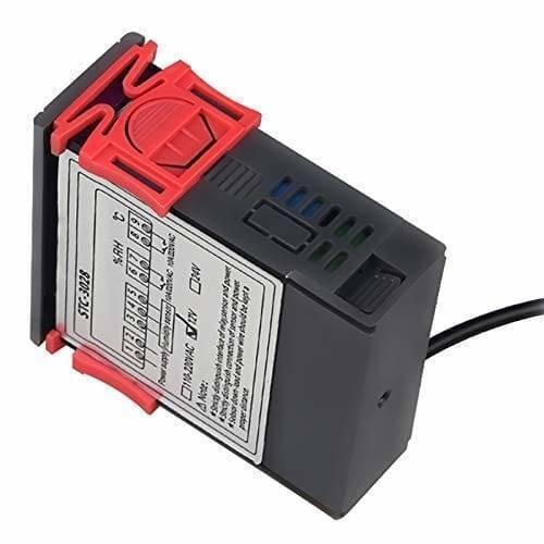 220V Stc-3028 Temperature Humidity Control Thermometer - a black rectangular device with a red mounting bracket and a wiring diagram label on its side.