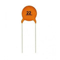 22pF Ceramic Disc Capacitor 200V Ceramic Capacitor - an orange, round ceramic disc capacitor with two long metal leads and the number 22 printed on it.