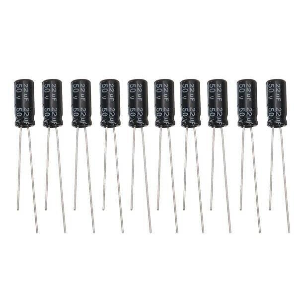 22uF 50V Electrolytic Capacitor - ten identical black cylindrical electrolytic capacitors with two wire leads each, arranged in a horizontal row.