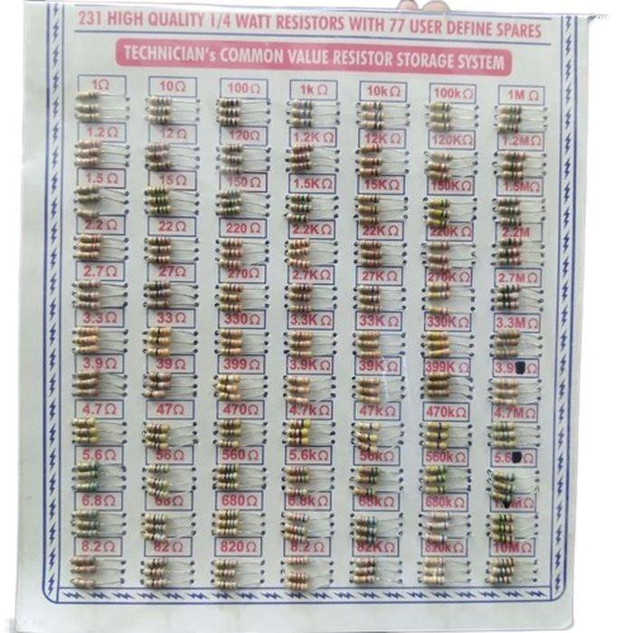 231 Pcs Mix Resistor 1/4 Watt With 77 User Define Spares - shown as a flat, rectangular organizer sheet containing rows of various resistors labeled by value.