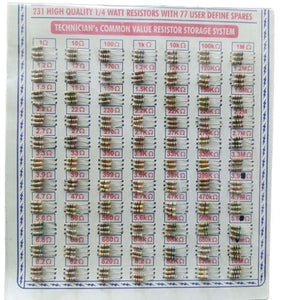 231 Pcs Mix Resistor 1/4 Watt With 77 User Define Spares - shown as a flat, rectangular storage card with rows of various resistors organized by value.
