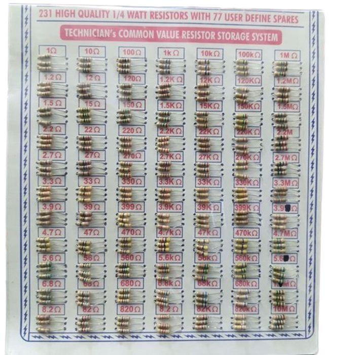 231 Pcs Mix Resistor 1/4 Watt With 77 User Define Spares - shown as a flat, rectangular storage card with rows of various resistors organized by value.
