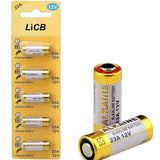 23A 12V Alkaline Battery Cells Mercury Free - shown in a yellow retail blister pack of five units alongside two loose gold and white cylindrical batteries.