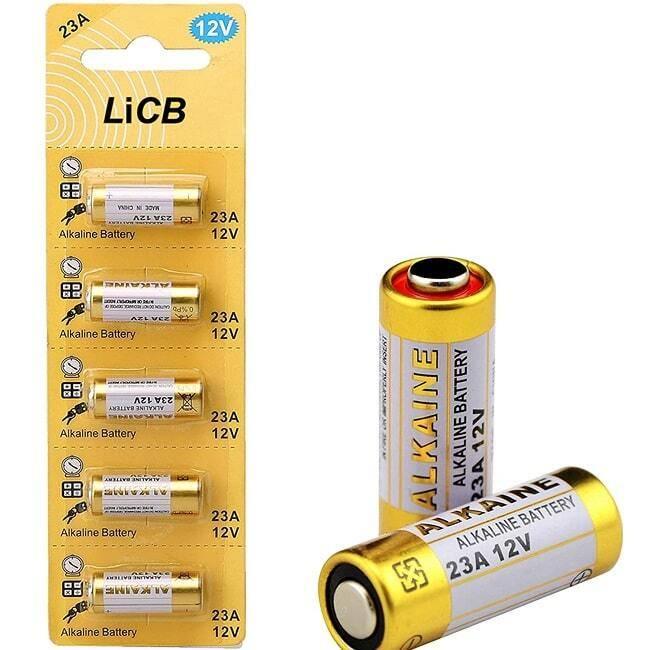 23A 12V Alkaline Battery Cells Mercury Free - shown in a yellow retail blister pack of five units alongside two loose gold and white cylindrical batteries.