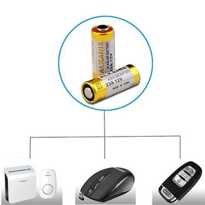23A 12V Alkaline Battery Cells Mercury Free - shown in a diagram with a doorbell, a wireless computer mouse, and a car key fob.
