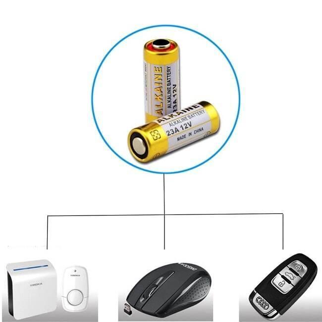 23A 12V Alkaline Battery Cells Mercury Free - shown in a diagram with a doorbell, a wireless computer mouse, and a car key fob.