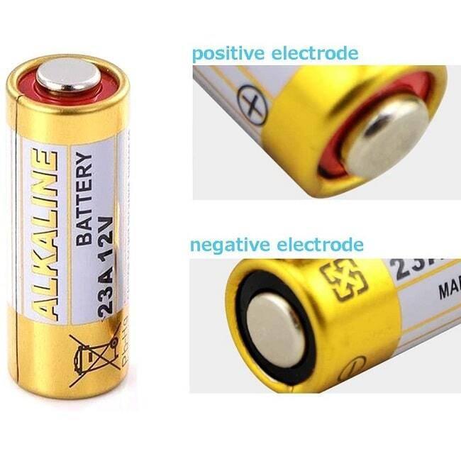 23A 12V Alkaline Battery Cells Mercury Free - shown as a gold-coloured cylindrical battery with close-up views of its positive and negative electrodes.