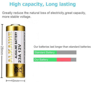 23A 12V Alkaline Battery Cells Mercury Free - shown in a product diagram with dimensions of 28mm by 10mm and a comparative battery life bar chart.