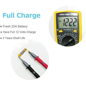 23A 12V Alkaline Battery Cells Mercury Free - shown being tested by a yellow digital multimeter displaying 12.22 volts with text details about shelf life.