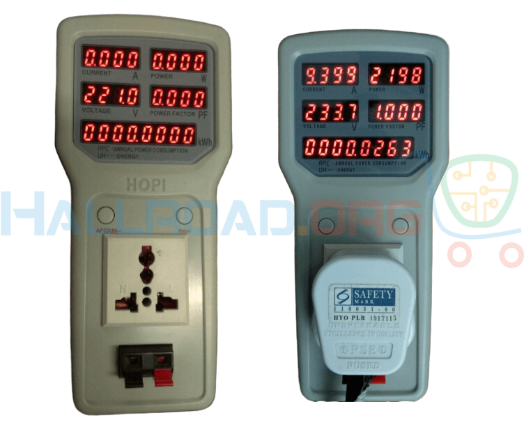 2400W 100V-240V 10A Power Meter Analyzer HP8 - two grey handheld power meters with digital displays, one with a plug inserted and one empty.