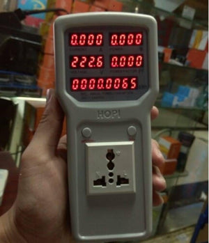 2400W 100V-240V 10A Power Meter Analyzer HP8 - a grey digital display with readings and a front-facing universal power socket.