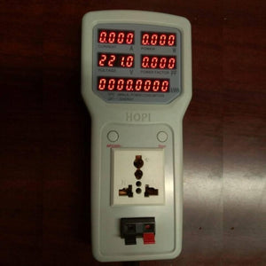 2400W 100V-240V 10A Power Meter Analyzer HP8 - a white handheld device with a digital display showing zeros, a universal power socket, and red and black terminal ports.