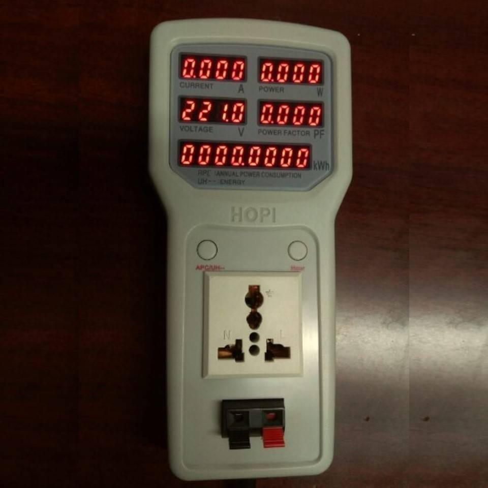 2400W 100V-240V 10A Power Meter Analyzer HP8 - a white handheld device with a digital display showing zeros, a universal power socket, and red and black terminal ports.