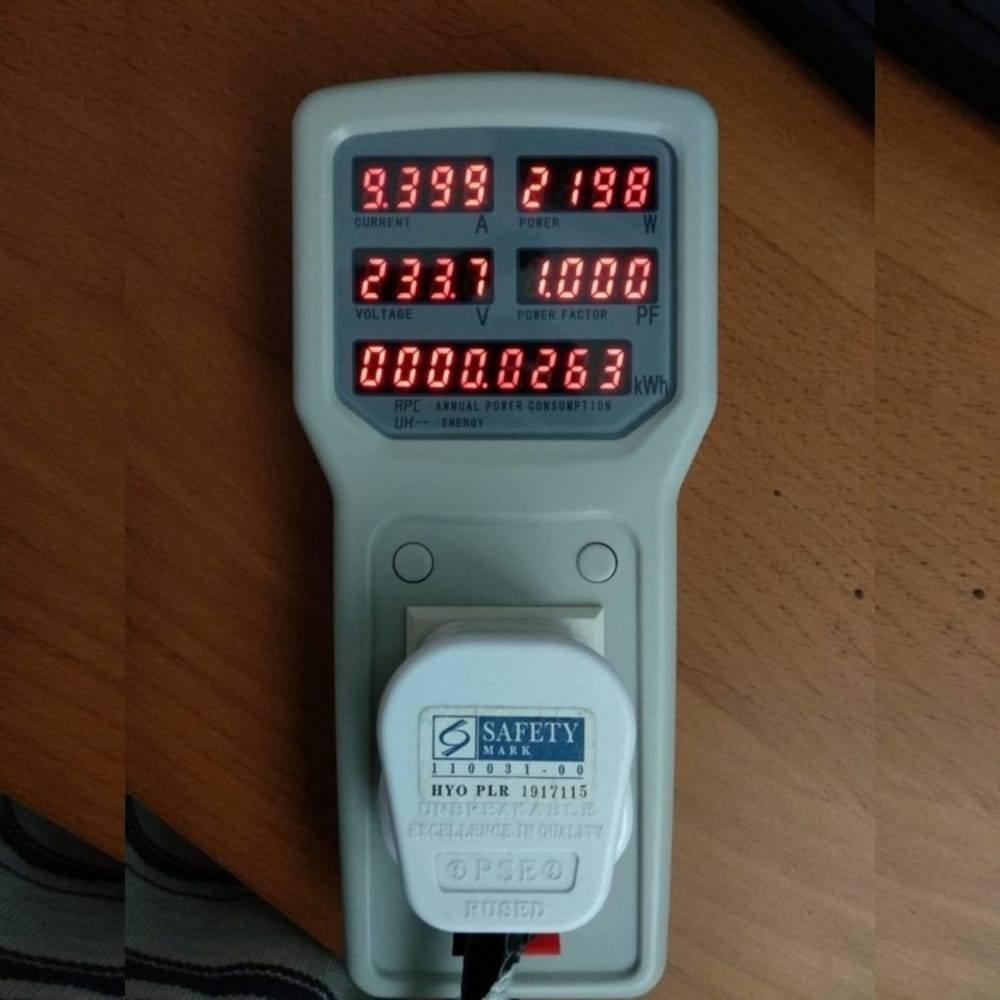 2400W 100V-240V 10A Power Meter Analyzer HP8 - a grey handheld device with a digital display reading 9.399A, 2198W, 233.7V, 1.000PF, and 0.0263kWh.