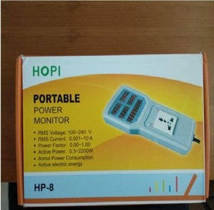 2400W 100V-240V 10A Power Meter Analyzer HP8 - shown in its white and orange cardboard packaging box with a product image on the front.