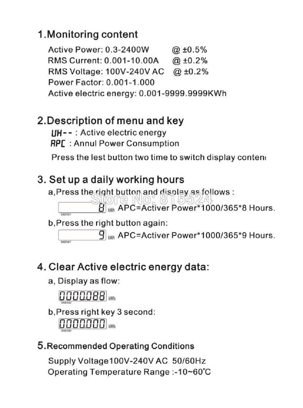2400W 100V-240V 10A Power Meter Analyzer HP8 - text instructions for monitoring content, menu navigation, and operating conditions.