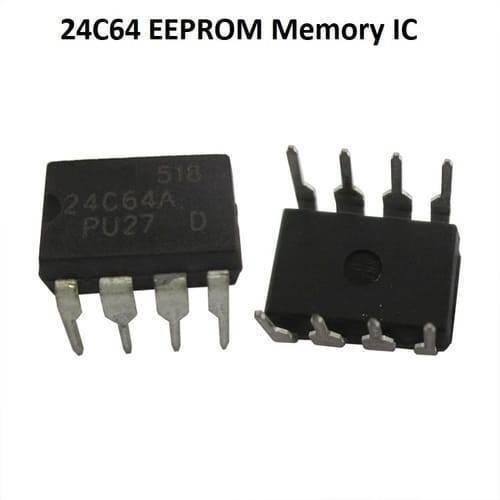 24C64 Serial EEPROM 64k Memory IC - two black 8-pin DIP integrated circuit chips with white printed text, viewed from the top and bottom.