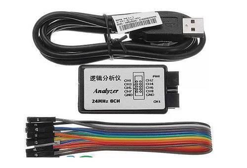 24MHz 8ch USB Logic Analyzer - shown with a black USB cable, a rectangular device with input pins, and a multi-coloured ribbon cable with female connectors.