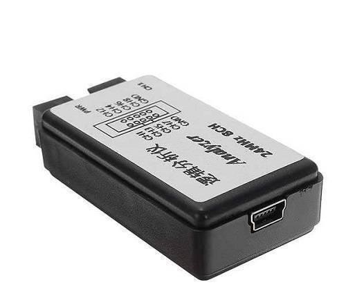 24MHz 8ch USB Logic Analyzer - shown at an angle, featuring a black rectangular case, a top label with pinout diagrams, and a side mini-USB port.