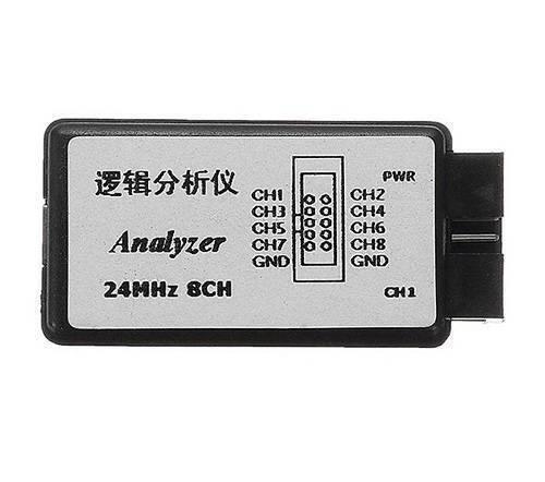 24MHz 8ch USB Logic Analyzer - shown as a black rectangular device with a white label featuring pinout diagrams for eight channels, ground, and power.
