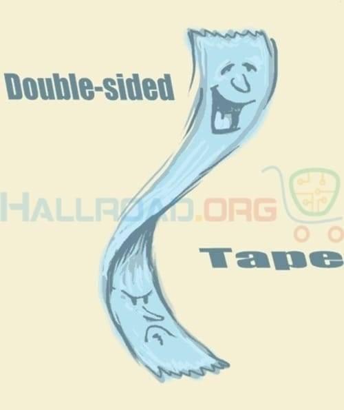 24mm Double Sided Adhesive Tape - shown as a cartoon illustration of a light blue strip of tape with a happy face on one side and an angry face on the other.