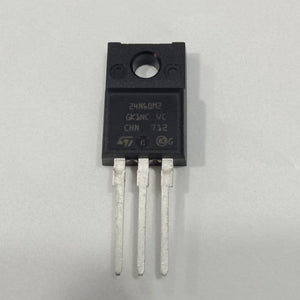 24N60M2 N-channel Power MOSFET - a black, rectangular electronic component with three metal pins and printed text including 24N60M2 and ST logo.