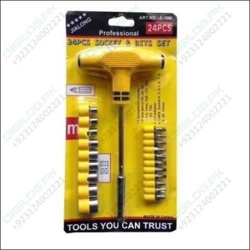 24pcs Set for Home, Office & Multi Purposes T Shape Screwdriver Socket & Bit Tool Kit - Office & Multi Purposes T Shape Screwdriver Socket & Bit Tool Kit in yellow and silver packaging with a T-handle and bits.