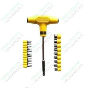 24pcs Set for Home, Office & Multi Purposes T Shape Screwdriver Socket & Bit Tool Kit - Office & Multi Purposes T Shape Screwdriver Socket & Bit Tool Kit showing a yellow T-handle driver with assorted bits and sockets.
