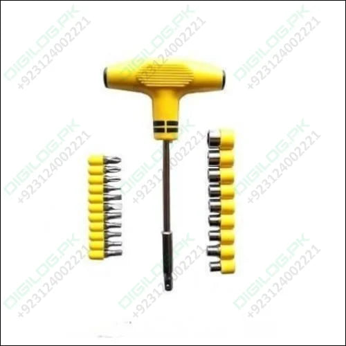 24pcs Set for Home, Office & Multi Purposes T Shape Screwdriver Socket & Bit Tool Kit - Office & Multi Purposes T Shape Screwdriver Socket & Bit Tool Kit showing a yellow T-handle driver with assorted bits and sockets.