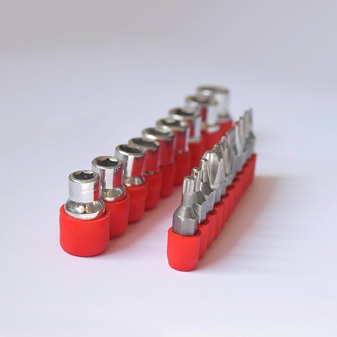 24pcs Set for Home, Office & Multi Purposes T Shape Screwdriver Socket & Bit Tool Kit - Office & Multi Purposes T Shape Screwdriver Socket & Bit Tool Kit showing a selection of metal sockets and bits in red holders.