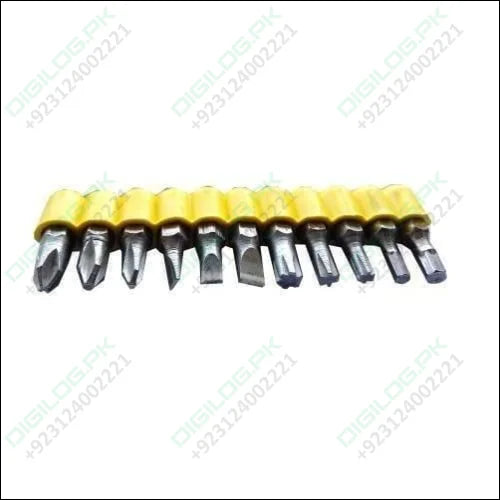 24pcs Set for Home, Office & Multi Purposes T Shape Screwdriver Socket & Bit Tool Kit - Office & Multi Purposes T Shape Screwdriver Socket & Bit Tool Kit, showing a row of twelve assorted metal screwdriver bits in a yellow holder.