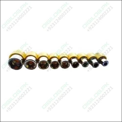 24pcs Set for Home, Office & Multi Purposes T Shape Screwdriver Socket & Bit Tool Kit - Office & Multi Purposes T Shape Screwdriver Socket & Bit Tool Kit shows a row of nine metallic screwdriver sockets with yellow bases.