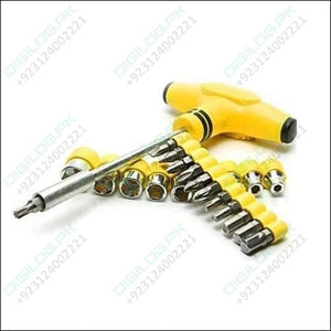 24pcs Set for Home, Office & Multi Purposes T Shape Screwdriver Socket & Bit Tool Kit - Office & Multi Purposes T Shape Screwdriver Socket & Bit Tool Kit shows a yellow T-handle driver with an assortment of metal bits.