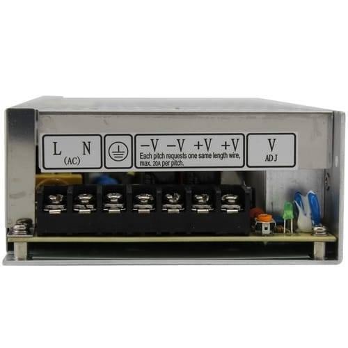 24V 10A Switching Power Supply SMPS - the silver metal casing, terminal block connections for AC input and DC output, and a voltage adjustment knob.