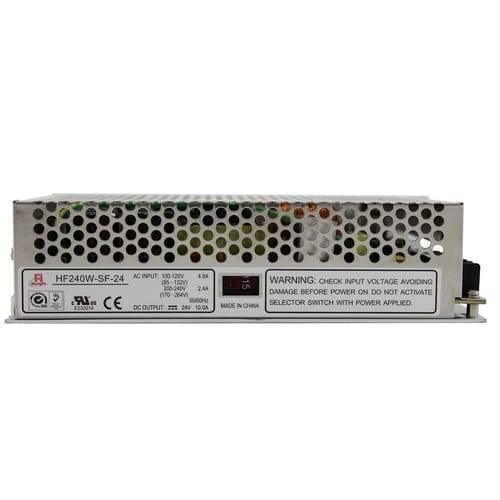 24V 10A Switching Power Supply SMPS - a silver rectangular metal unit with a perforated top, a voltage selector switch, and a printed specification label.