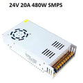 24V 20A Switching Power Supply SMPS - a silver rectangular metal unit with a cooling fan, ventilation slots, and a terminal block with screw connectors.