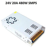 24V 20A Switching Power Supply SMPS - a silver rectangular metal unit with a cooling fan, ventilation slots, and a terminal block with screw connectors.