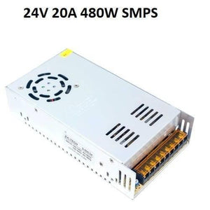 24V 20A Switching Power Supply SMPS - a silver rectangular metal unit with a cooling fan, ventilation slots, and a terminal block with screw connectors.