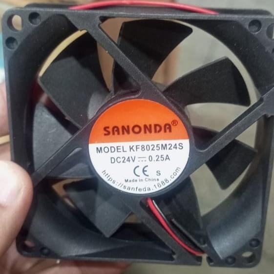 24V 3 Inch 80mm x 25mm 0.25A Fan - a black square cooling fan with a central orange label showing model KF8025M24S, DC24V, and 0.25A specifications.