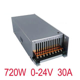 24V 30A Power Supply - shown as a silver rectangular metal unit with screw terminal ports labeled N, L, ground, and V+ on the front panel.
