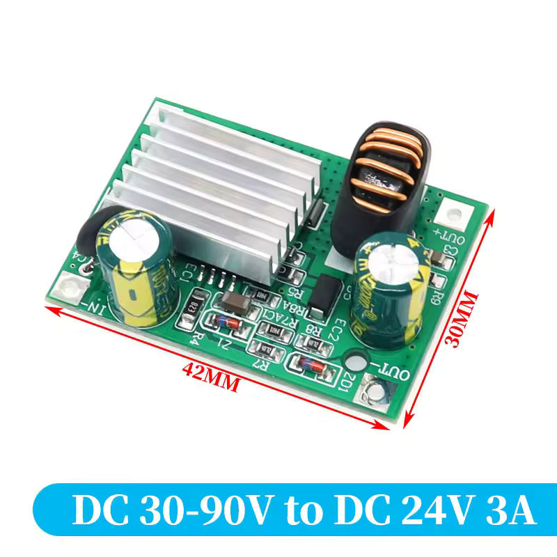 24V 3A Buck Converter DC 9V 12V 24V 36V 48V 72V 84V 90V To 24V 3A Step Down Module Power Supply DC DC Converter Buck Converter Step Up Converte - a green rectangular circuit board with a silver heatsink, two capacitors, an inductor, and input/output solder pads labeled 42mmx30mm.