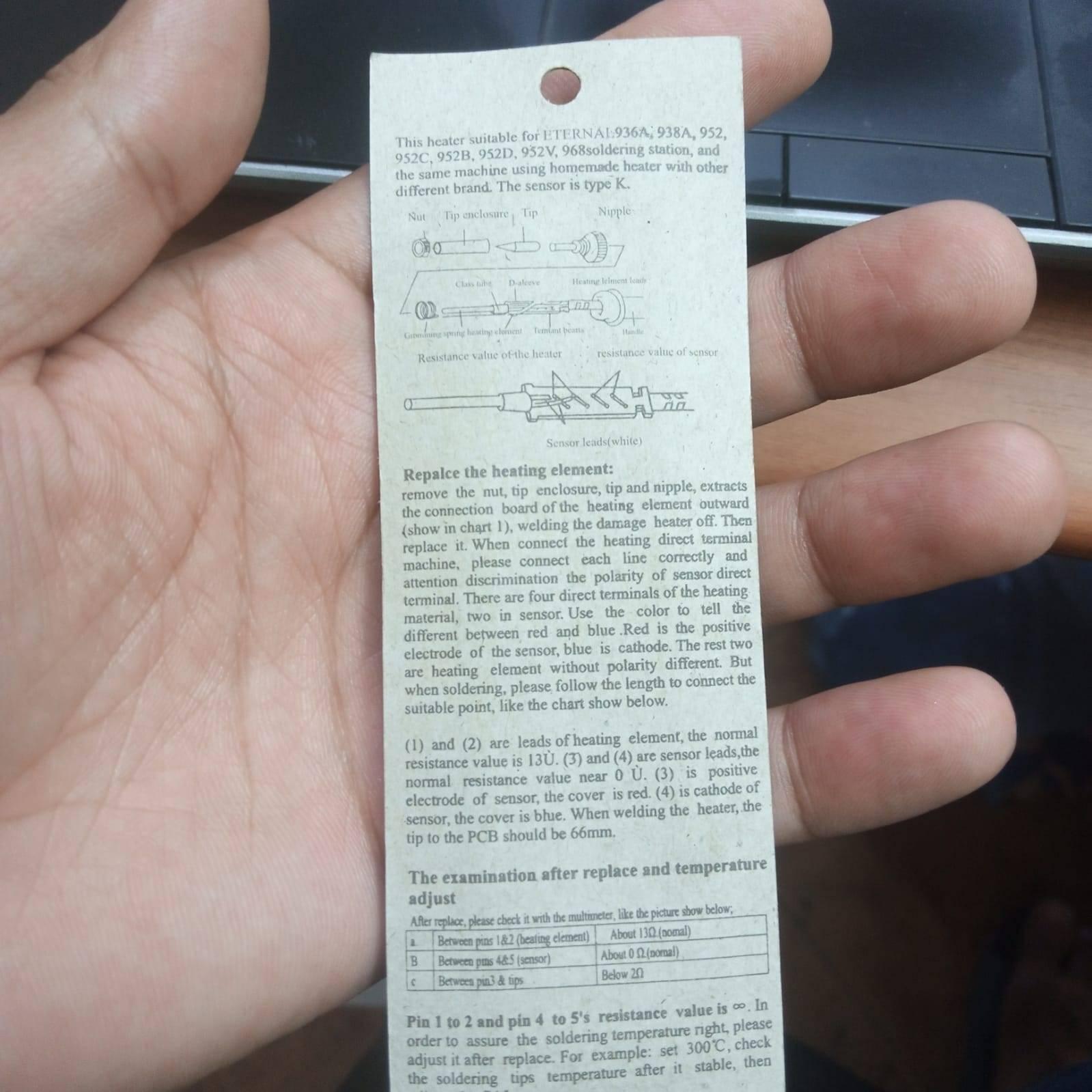24V 50W Ceramic Electric Soldering Iron Heating Element Core Replacement - shown as a printed instruction manual with technical diagrams and text.