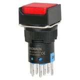 24V Push Button Switch Square Cap No Nc Latching/momentary LED Lamp Red Light 16mm Dpdt 8 Pin - red-capped latching switch with a black cylindrical body, eight metal pins at the base, and a 24V label.