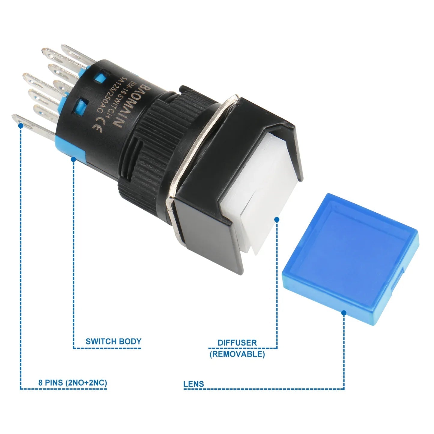 24V Push Button Switch Square Cap No Nc Latching/momentary LED Lamp Red Light 16mm Dpdt 8 Pin - with a white diffuser and a detached blue square lens cap shown in an exploded view.