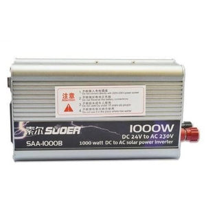 24V To 220V Inverter 1000W Modified Sine Wave Power Inverter - Suoer SAA-1000B 1000W DC 24V to AC 230V power inverter in a silver rectangular metal casing with a warning label and red and black terminal connectors.