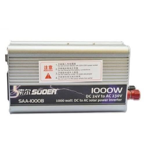24V To 220V Inverter 1000W Modified Sine Wave Power Inverter - Suoer SAA-1000B 1000W DC 24V to AC 230V power inverter in a silver rectangular metal casing with a warning label and red and black terminal connectors.